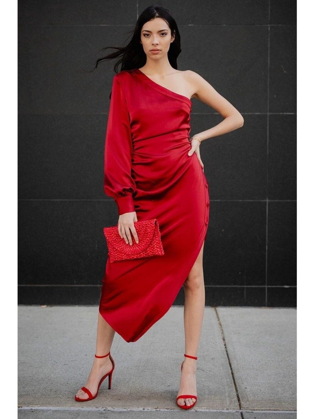 ONE33 Social Elana One-Shoulder Midi Cocktail Dress Red Size 00 US New With Tag